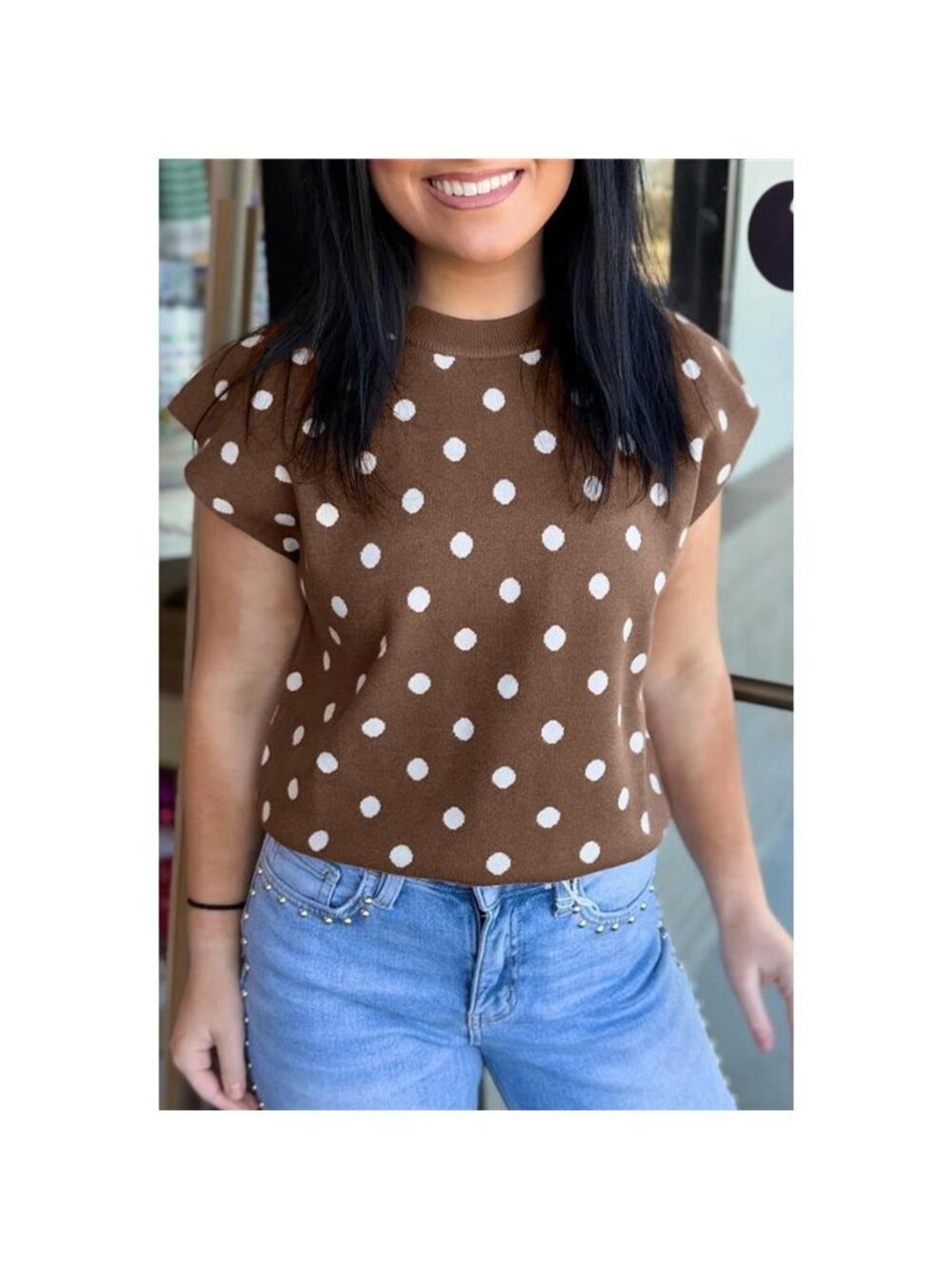 Dolman Short Sleeve Round Neck Polka Dot Sweater